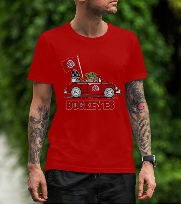 Ohio State Buckeyes Darth Vader Baby Yoda Driving Star Wars Car With Flag T-Shirt