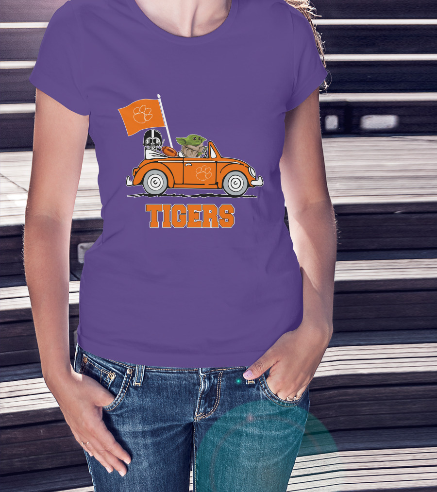 Clemson Tigers Darth Vader Baby Yoda Driving Star Wars Football Car T-Shirt