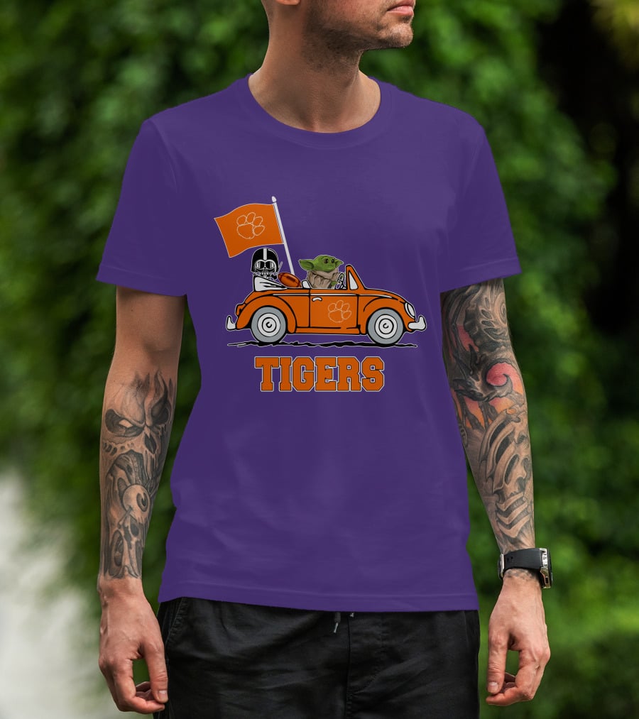 Clemson Tigers Darth Vader Baby Yoda Driving Star Wars Football Car T-Shirt