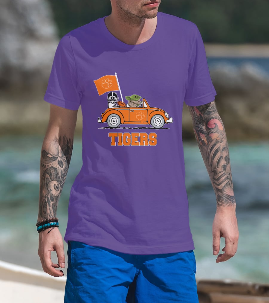 Clemson Tigers Darth Vader Baby Yoda Driving Star Wars Football Car T-Shirt
