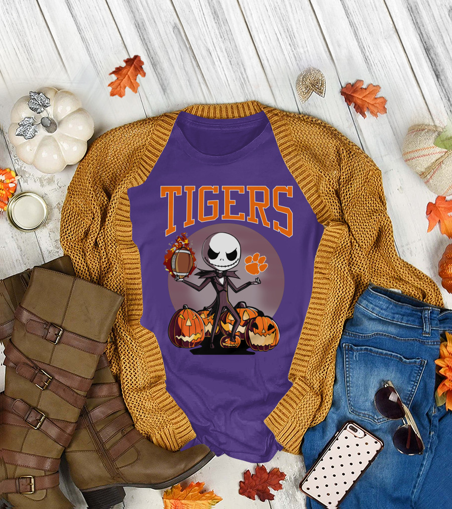 Tigers Jack Skellington Clemson Halloween Football and Pumpkins T-Shirt