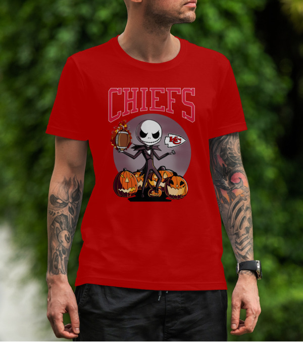 Kansas City Chiefs Jack Skellington Halloween Football Pumpkins T-Shirt