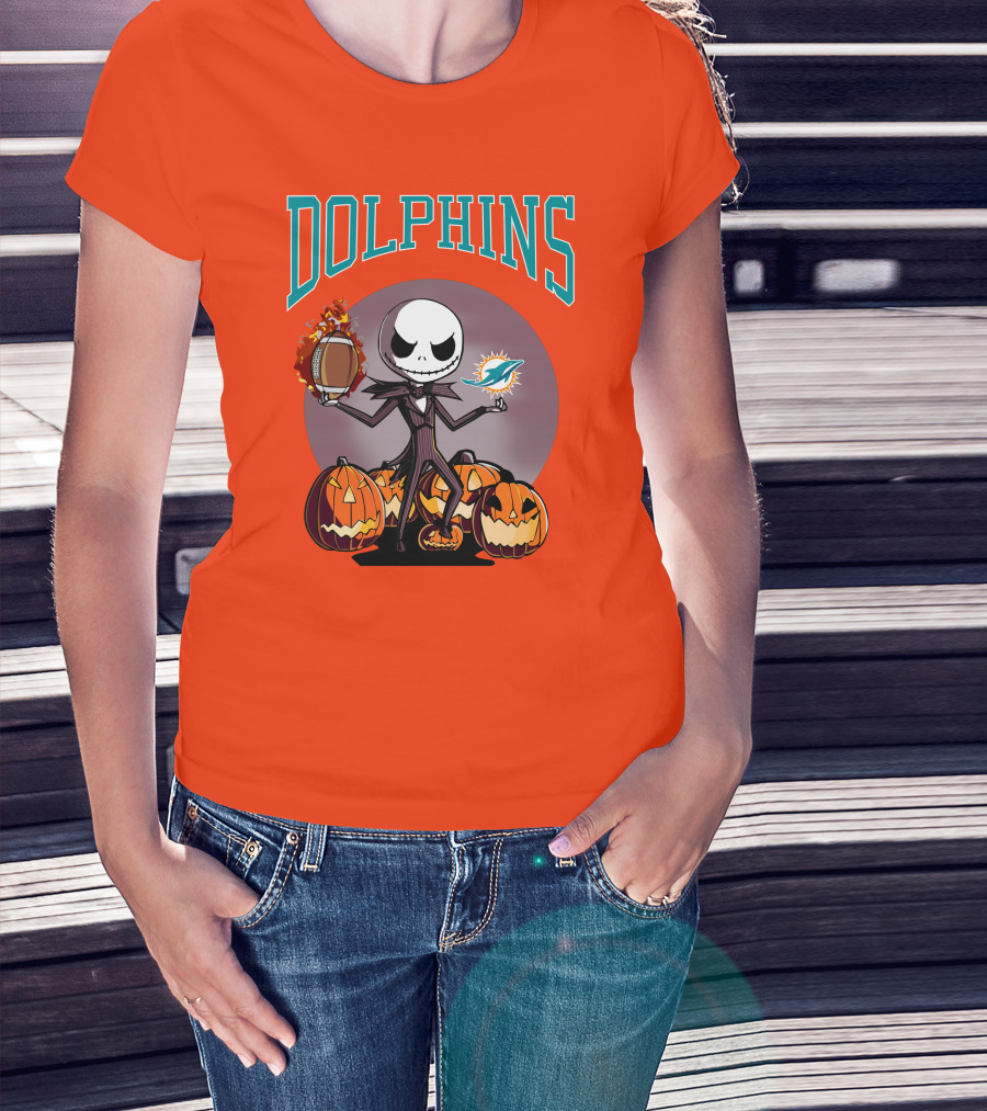 Dolphins Jack Skellington Halloween Miami Football Pumpkins T-Shirt