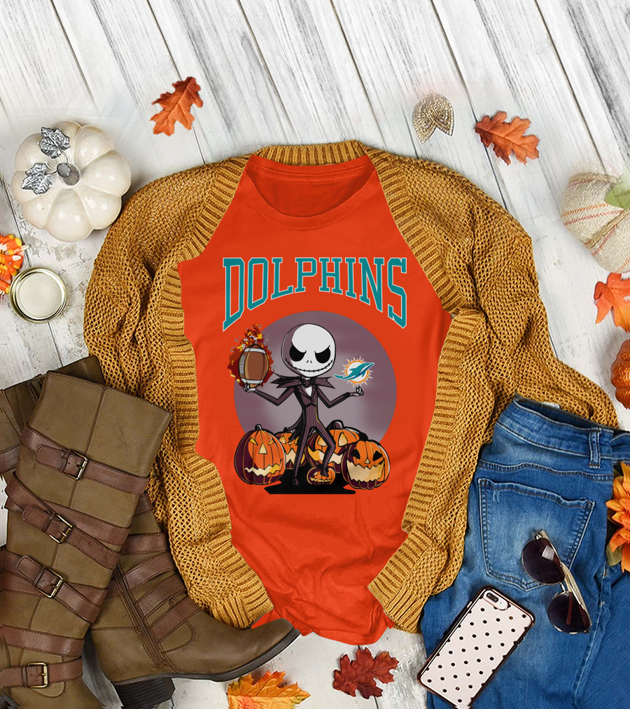 Dolphins Jack Skellington Halloween Miami Football Pumpkins T-Shirt
