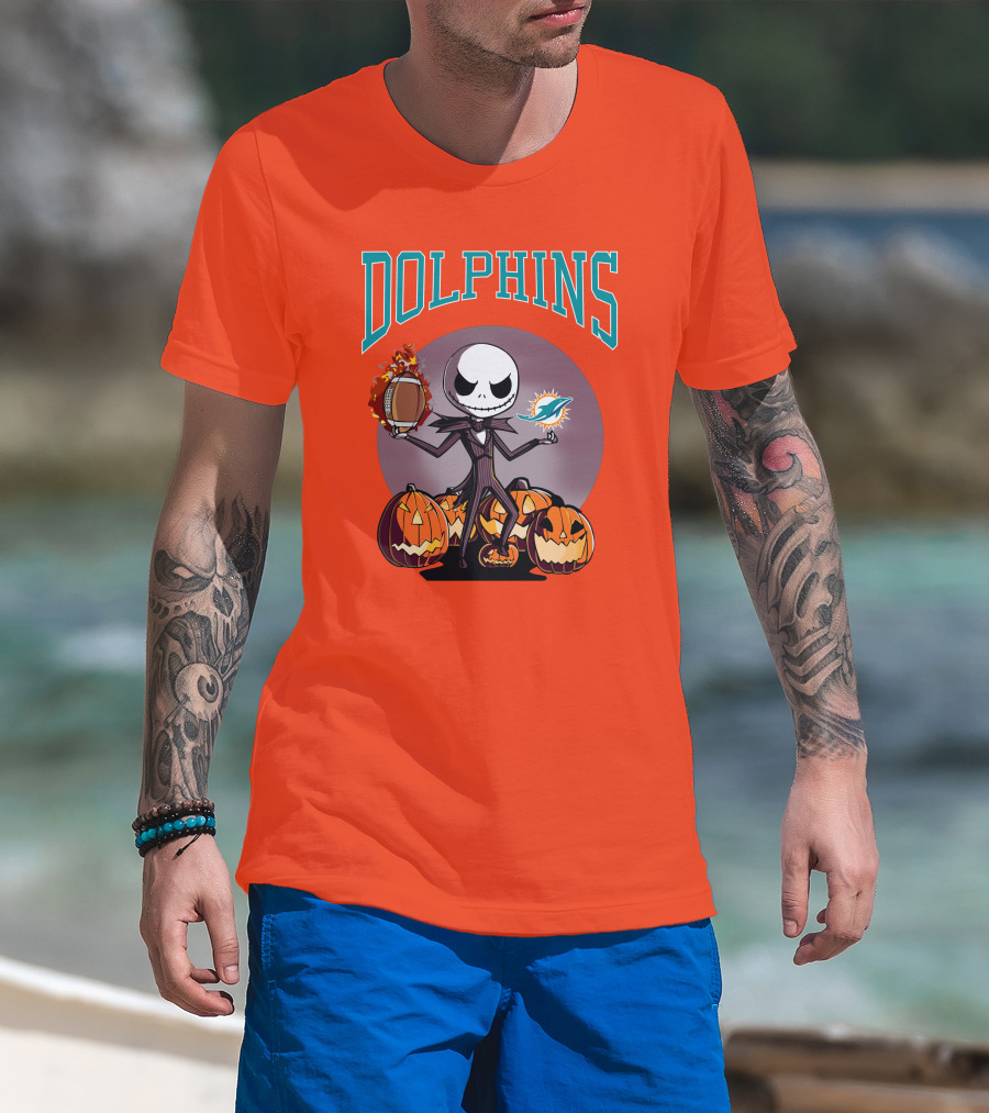 Dolphins Jack Skellington Halloween Miami Football Pumpkins T-Shirt