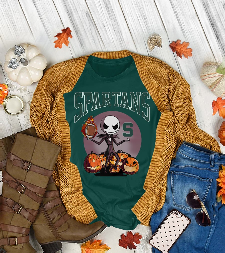 Michigan State Spartans Jack Skellington Football Halloween Pumpkins T-Shirt