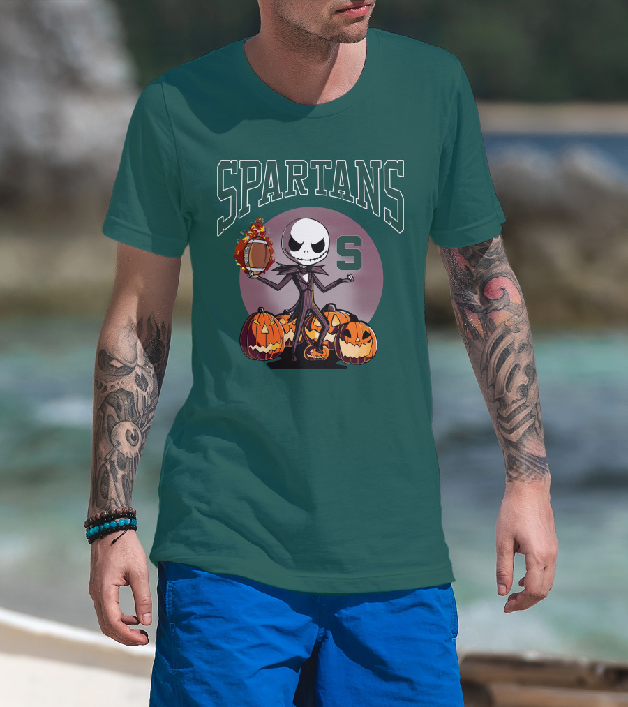 Michigan State Spartans Jack Skellington Football Halloween Pumpkins T-Shirt