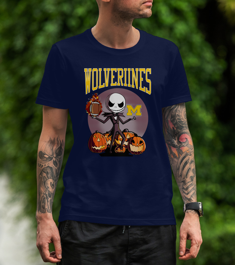 Michigan Wolverines Halloween Jack Skellington Football Pumpkins T-Shirt
