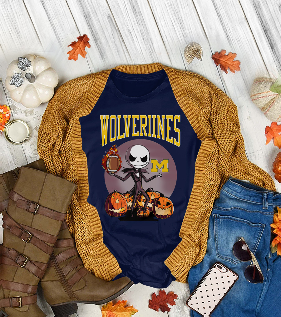 Michigan Wolverines Halloween Jack Skellington Football Pumpkins T-Shirt