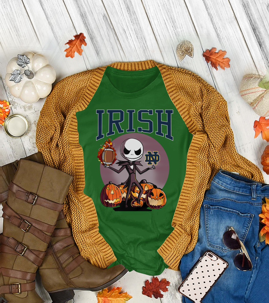 Irish Notre Dame Jack Skellington Halloween Football Pumpkins T-Shirt