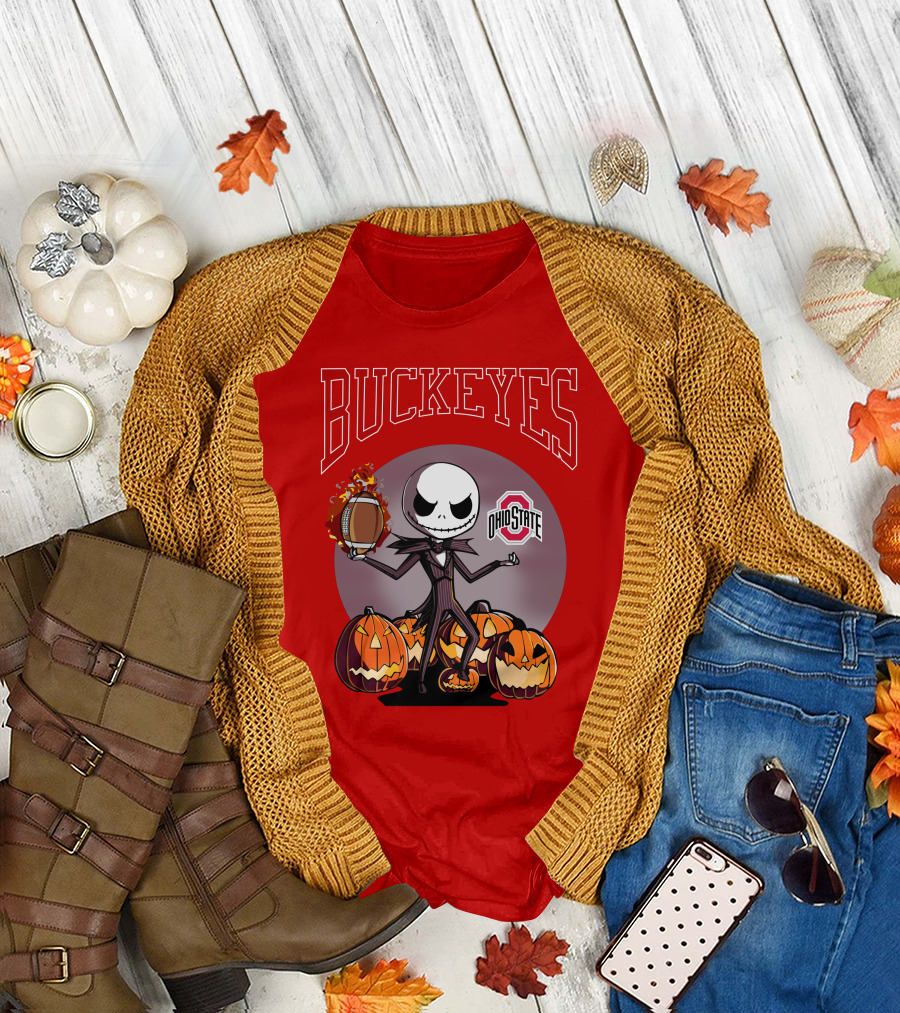 Ohio State Buckeyes Jack Skellington Halloween Football Pumpkins T-Shirt