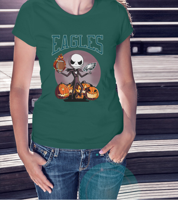 Philadelphia Eagles Jack Skellington Halloween Football Pumpkins T-Shirt