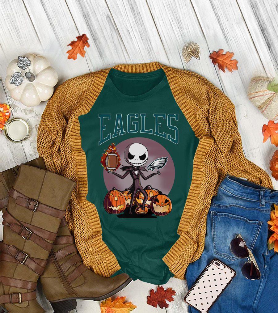 Philadelphia Eagles Jack Skellington Halloween Football Pumpkins T-Shirt