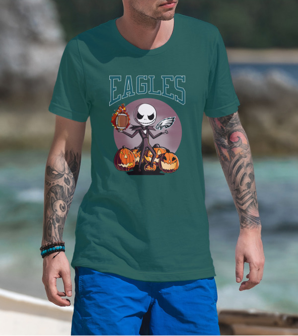 Philadelphia Eagles Jack Skellington Halloween Football Pumpkins T-Shirt