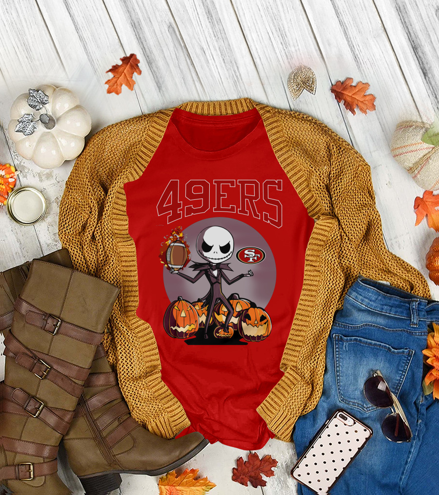 49ers Jack Skellington Halloween Pumpkins Sf Football T-Shirt