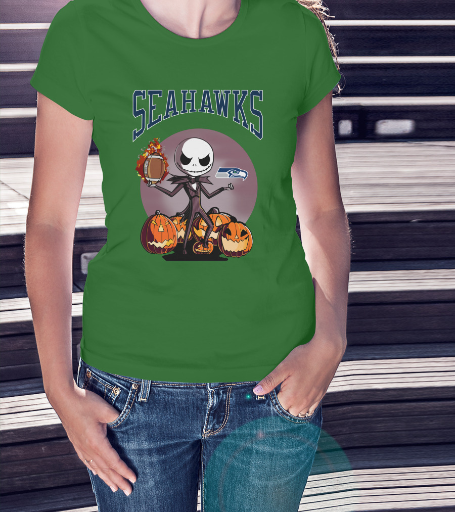 Seattle Seahawks Jack Skellington Halloween NFL Football Pumpkins T-Shirt