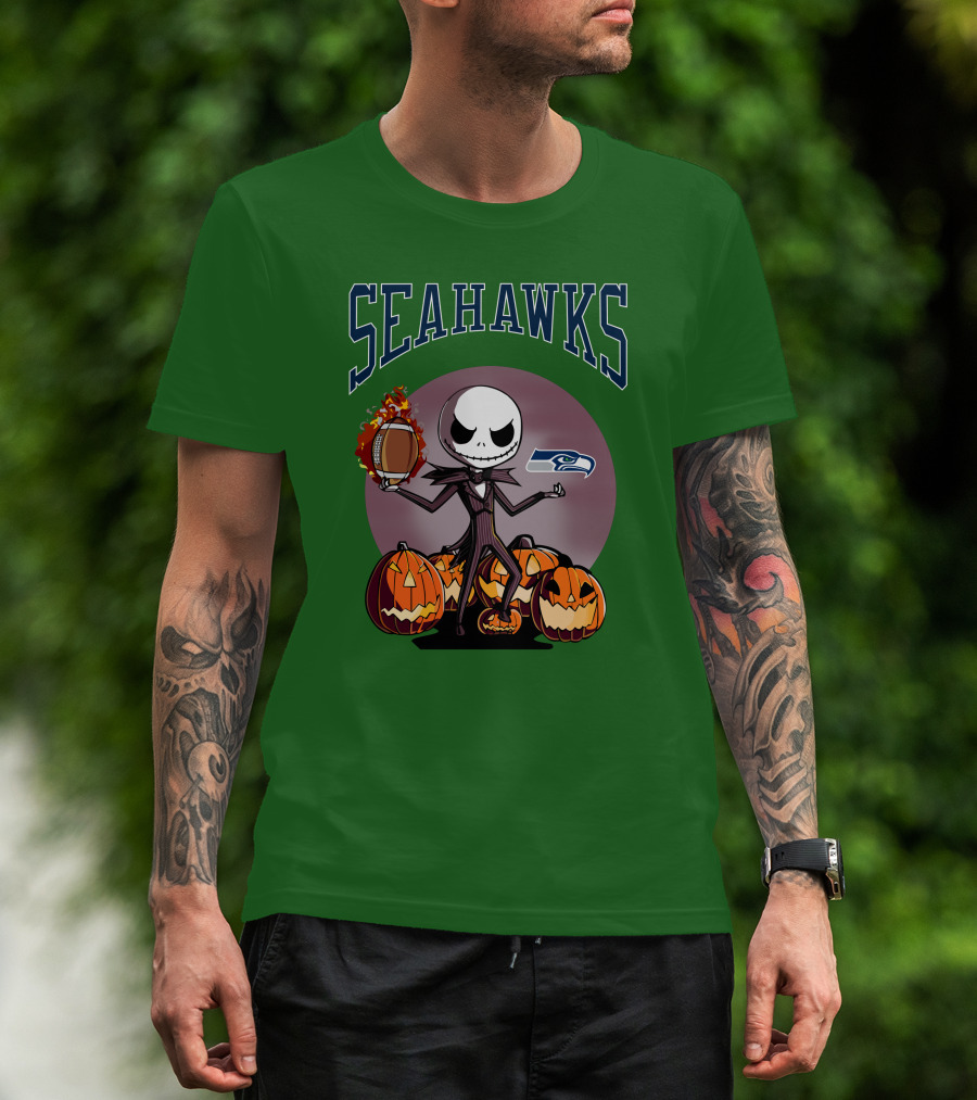 Seattle Seahawks Jack Skellington Halloween NFL Football Pumpkins T-Shirt