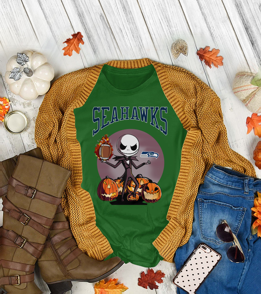Seattle Seahawks Jack Skellington Halloween NFL Football Pumpkins T-Shirt