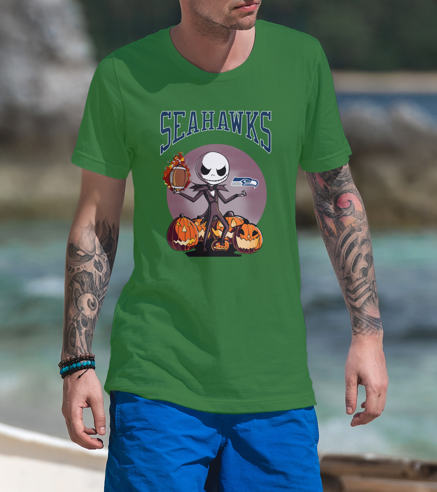 Seattle Seahawks Jack Skellington Halloween NFL Football Pumpkins T-Shirt