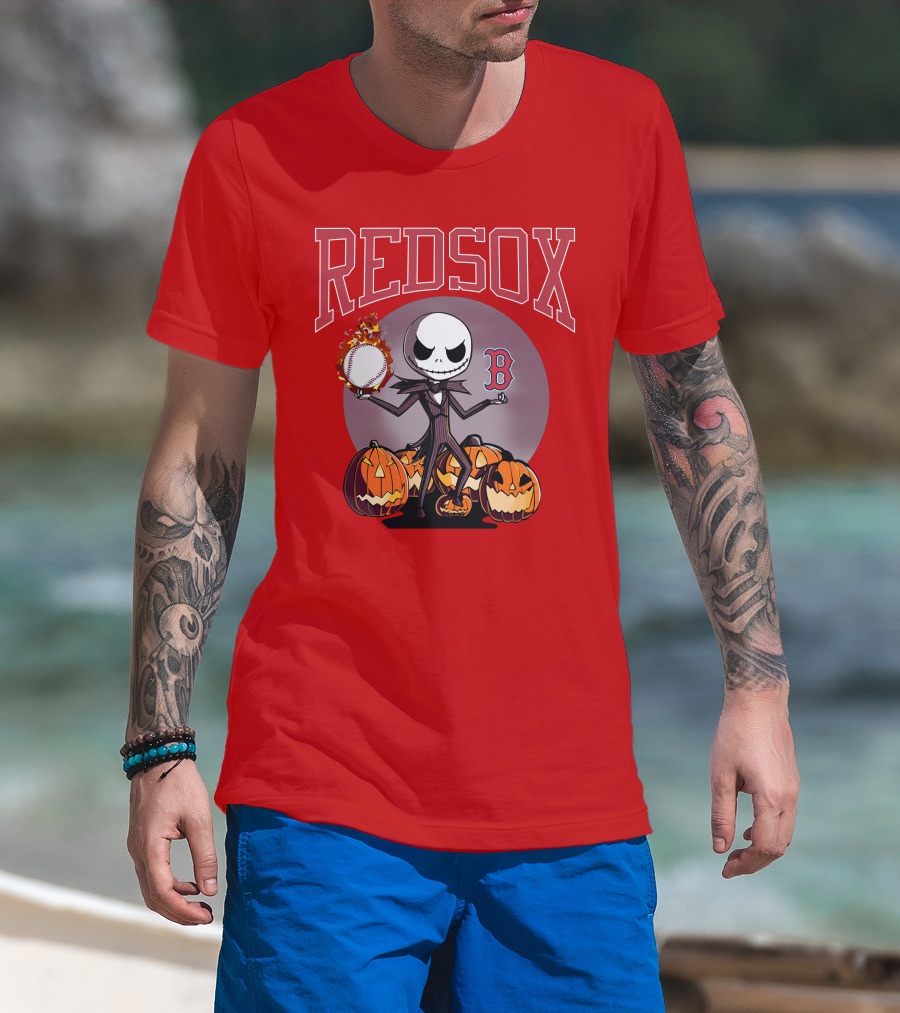 Red Sox Jack Skellington Halloween Pumpkins Baseball T-Shirt
