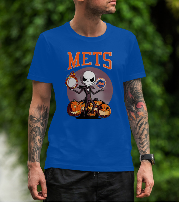 Mets Halloween With Jack Skellington And Pumpkins T-Shirt