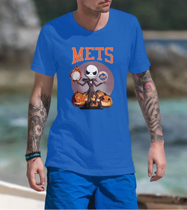 Mets Halloween With Jack Skellington And Pumpkins T-Shirt