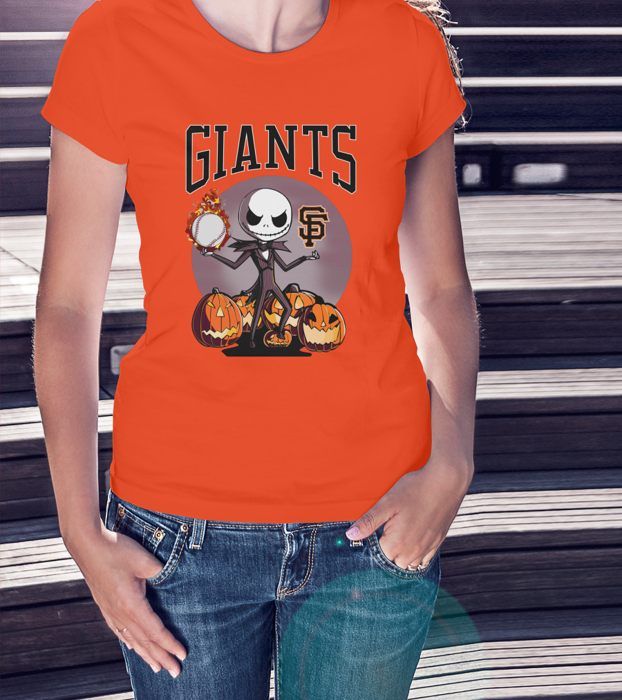 Giants Jack Skellington SF Logo Halloween Pumpkins Baseball T-Shirt