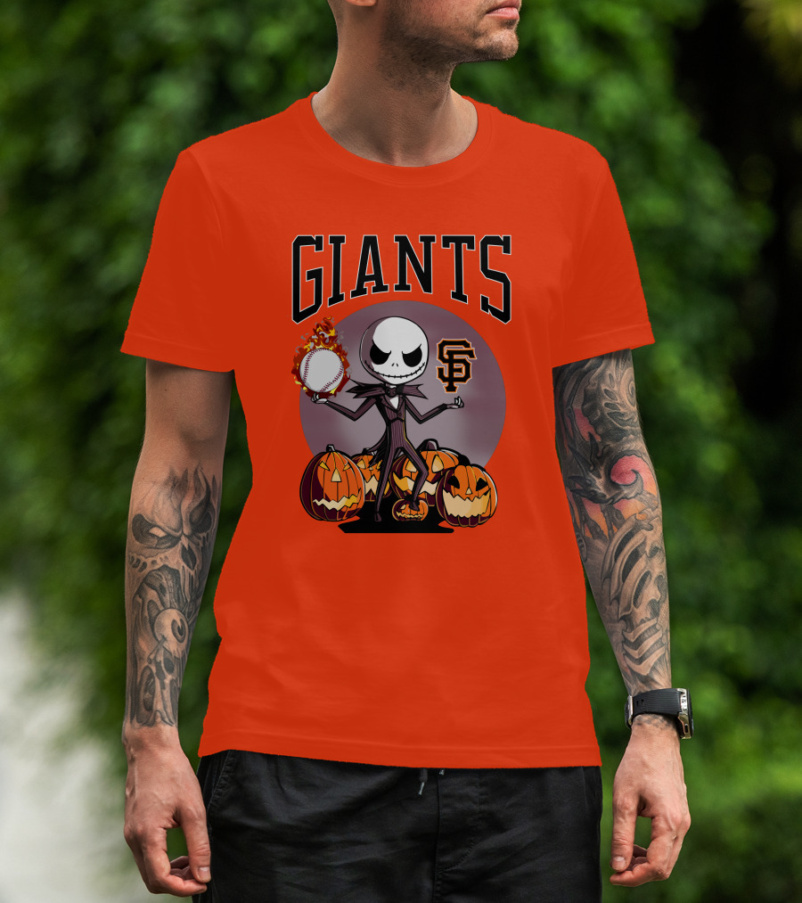 Giants Jack Skellington SF Logo Halloween Pumpkins Baseball T-Shirt