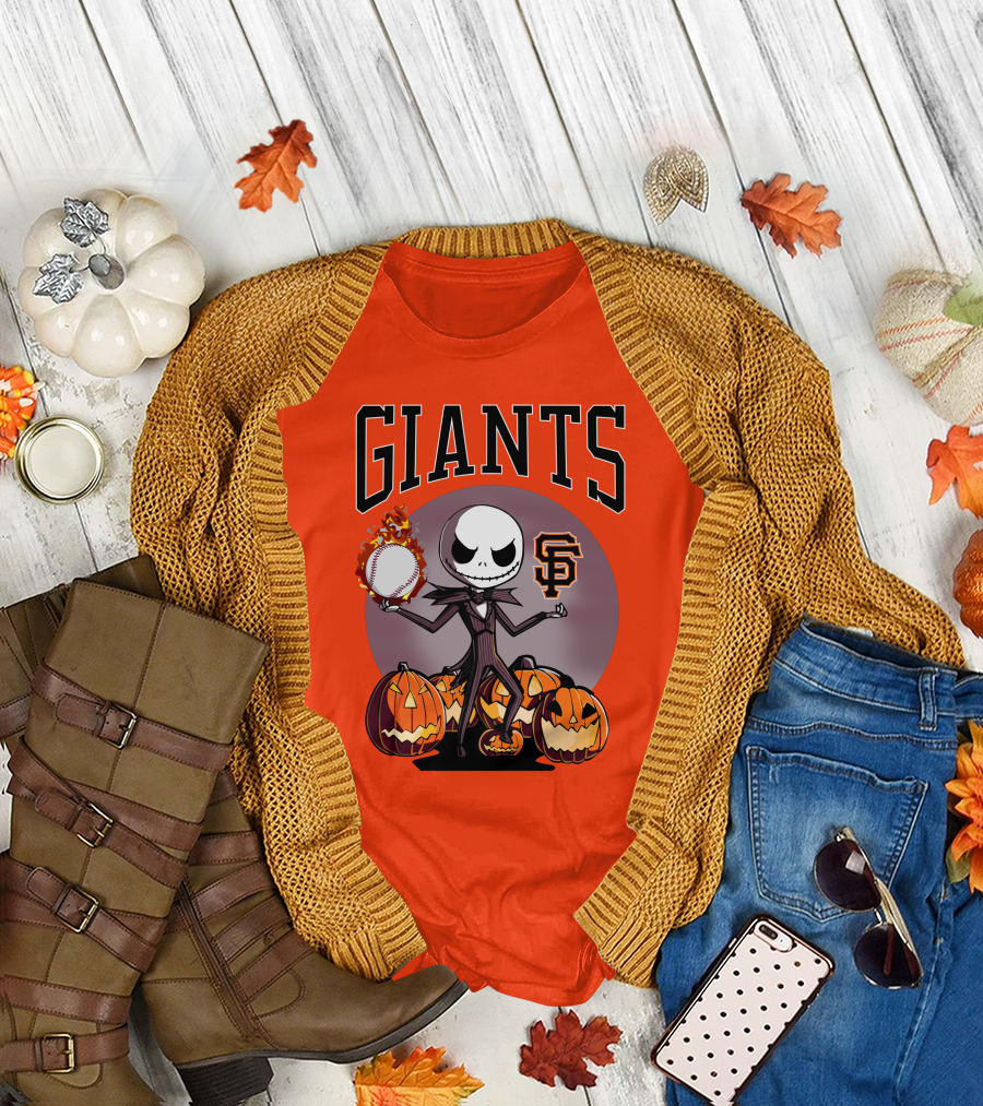 Giants Jack Skellington SF Logo Halloween Pumpkins Baseball T-Shirt