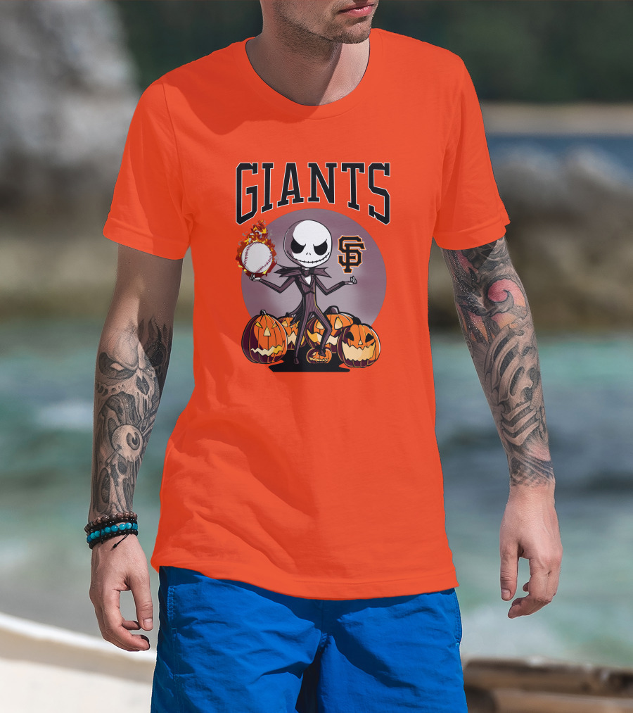 Giants Jack Skellington SF Logo Halloween Pumpkins Baseball T-Shirt