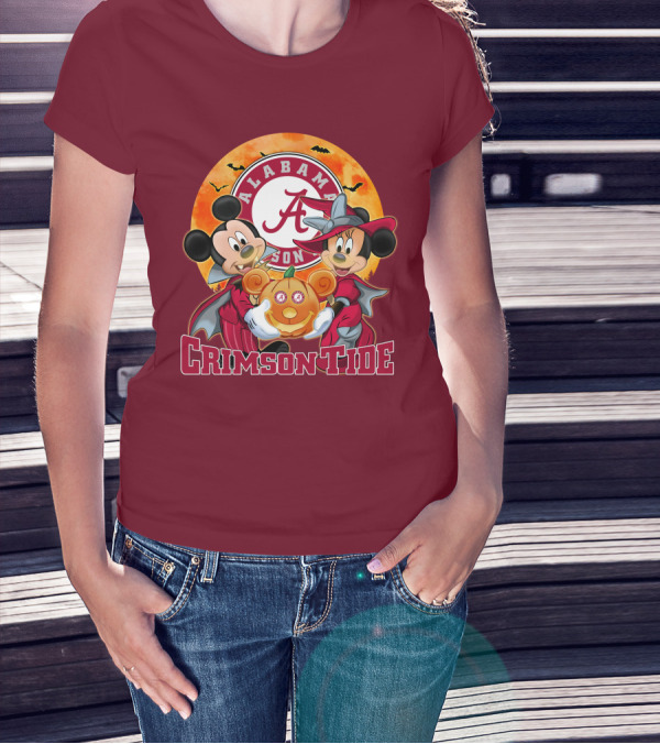 Alabama Crimson Tide Mickey Mouse Minnie Mouse Halloween Pumpkin Circle T-Shirt