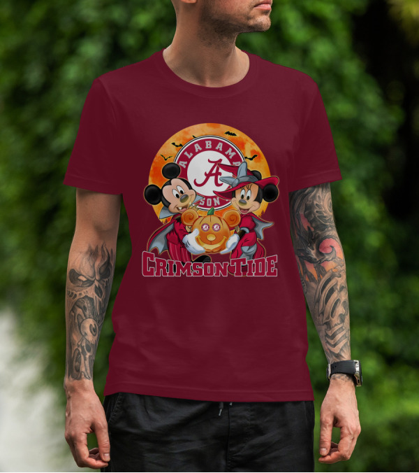 Alabama Crimson Tide Mickey Mouse Minnie Mouse Halloween Pumpkin Circle T-Shirt