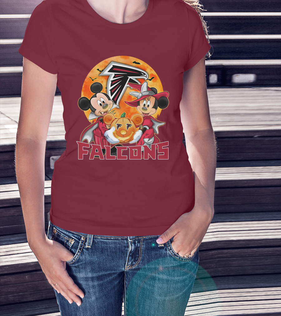Atlanta Falcons Mickey Mouse Minnie Mouse Halloween Pumpkin T-Shirt