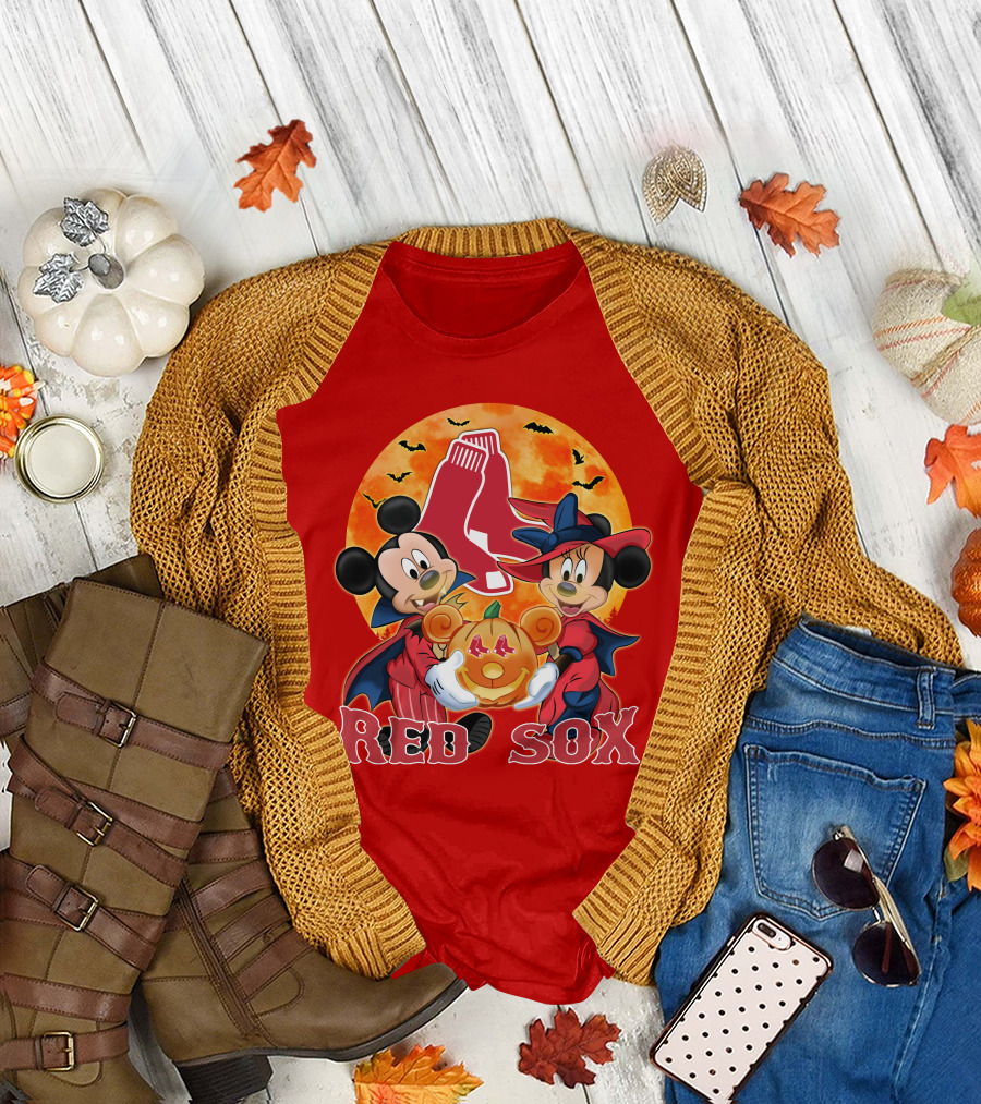 Boston Red Sox Mickey and Minnie Mouse Halloween Pumpkin T-Shirt
