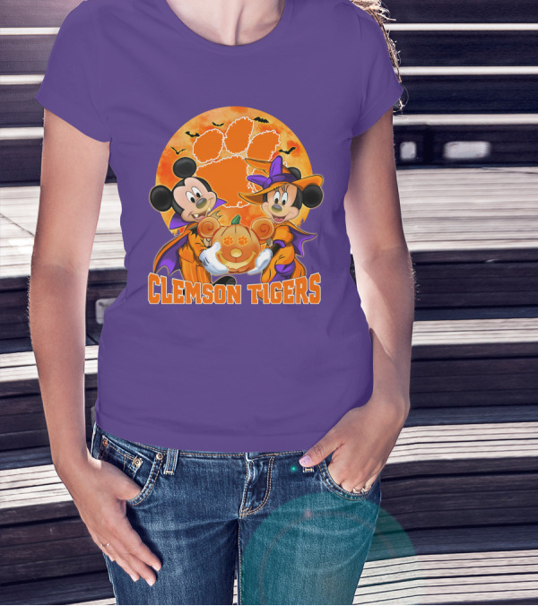 Clemson Tigers Mickey Mouse Minnie Mouse Halloween Pumpkin T-Shirt