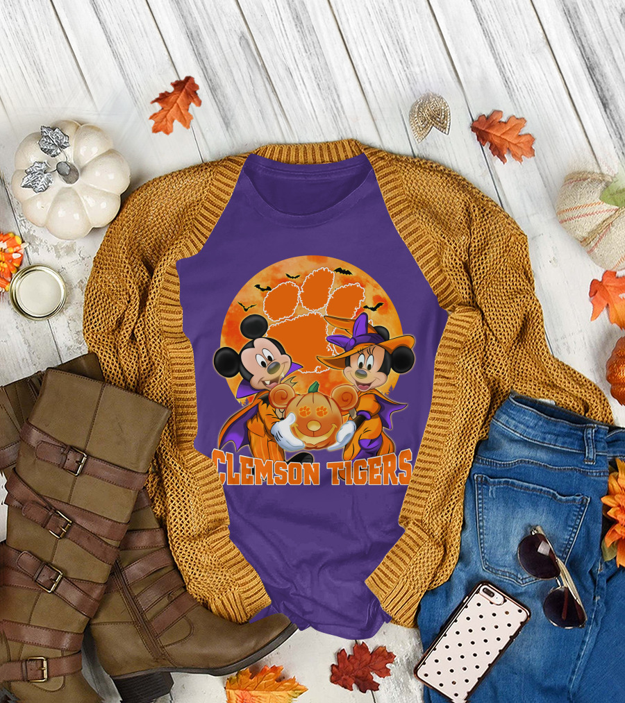 Clemson Tigers Mickey Mouse Minnie Mouse Halloween Pumpkin T-Shirt