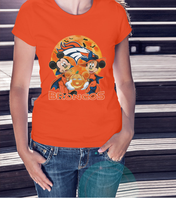 Denver Broncos Mickey Mouse And Minnie Mouse Halloween Broncos T-Shirt