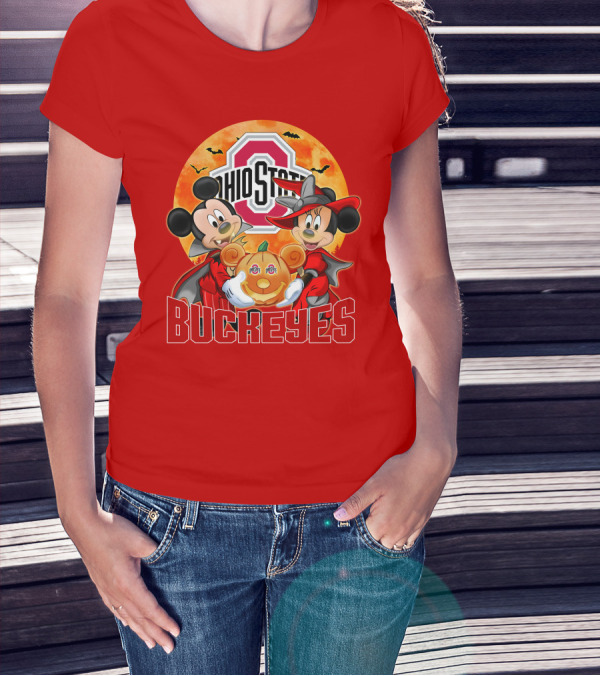 Ohio State Buckeyes Mickey Mouse Minnie Mouse Halloween Pumpkin T-Shirt
