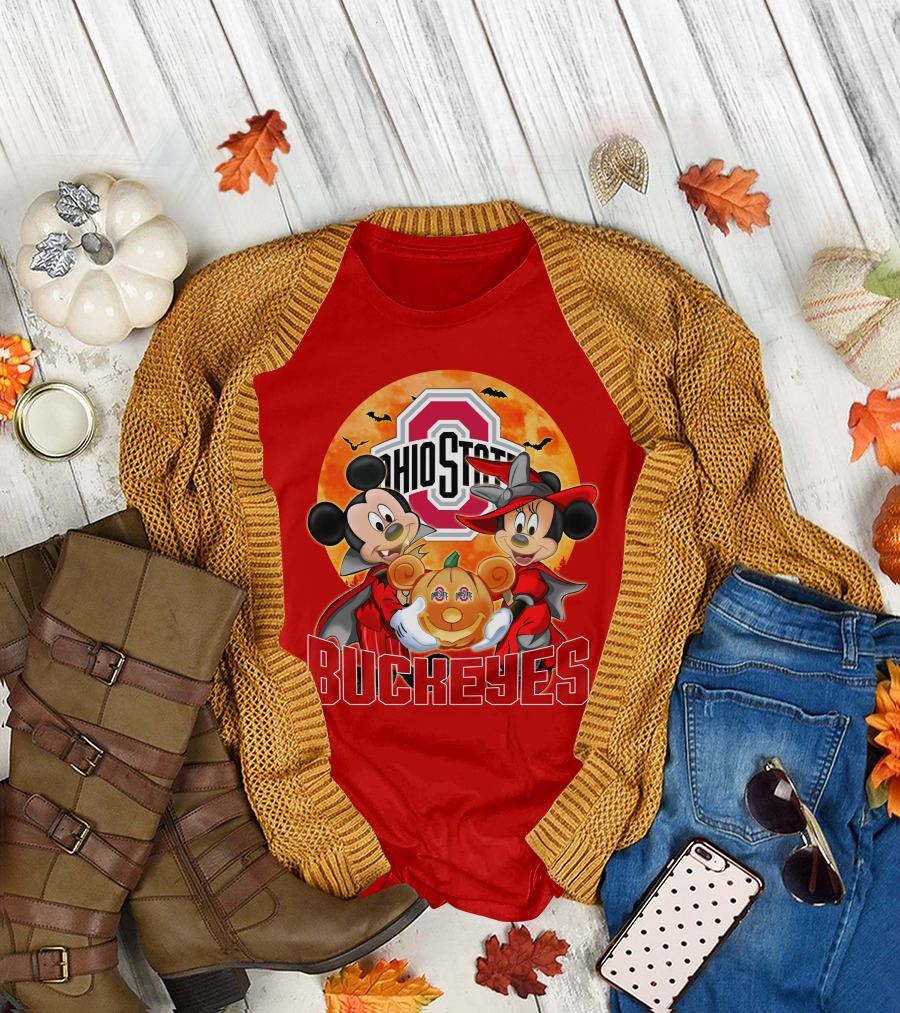 Ohio State Buckeyes Mickey Mouse Minnie Mouse Halloween Pumpkin T-Shirt