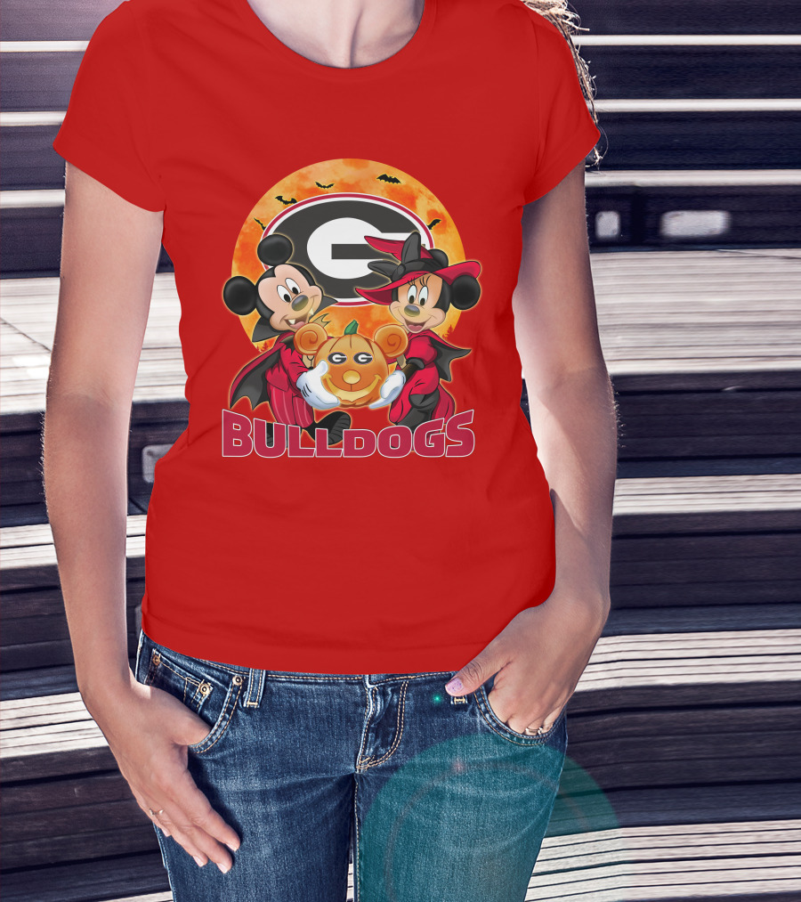 Georgia Bulldogs Mickey And Minnie Mouse Halloween Pumpkin T-Shirt