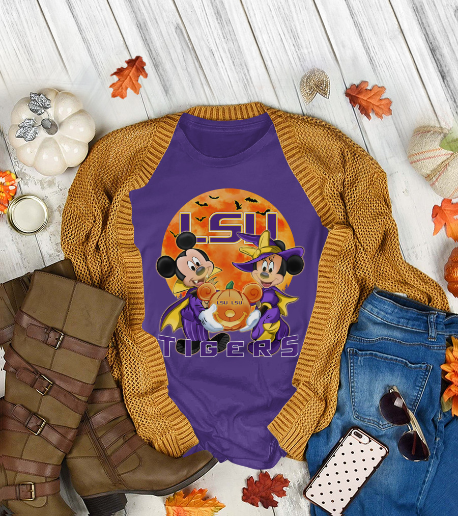 LSU Tigers Mickey Mouse and Minnie Mouse Halloween Pumpkin T-Shirt