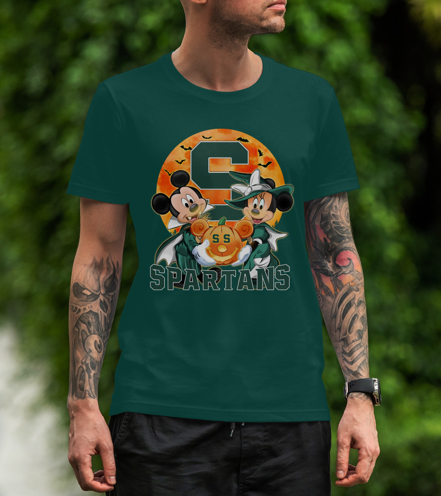 Michigan State Spartans Mickey Mouse Minnie Mouse Halloween Pumpkin Moon Bats T-Shirt
