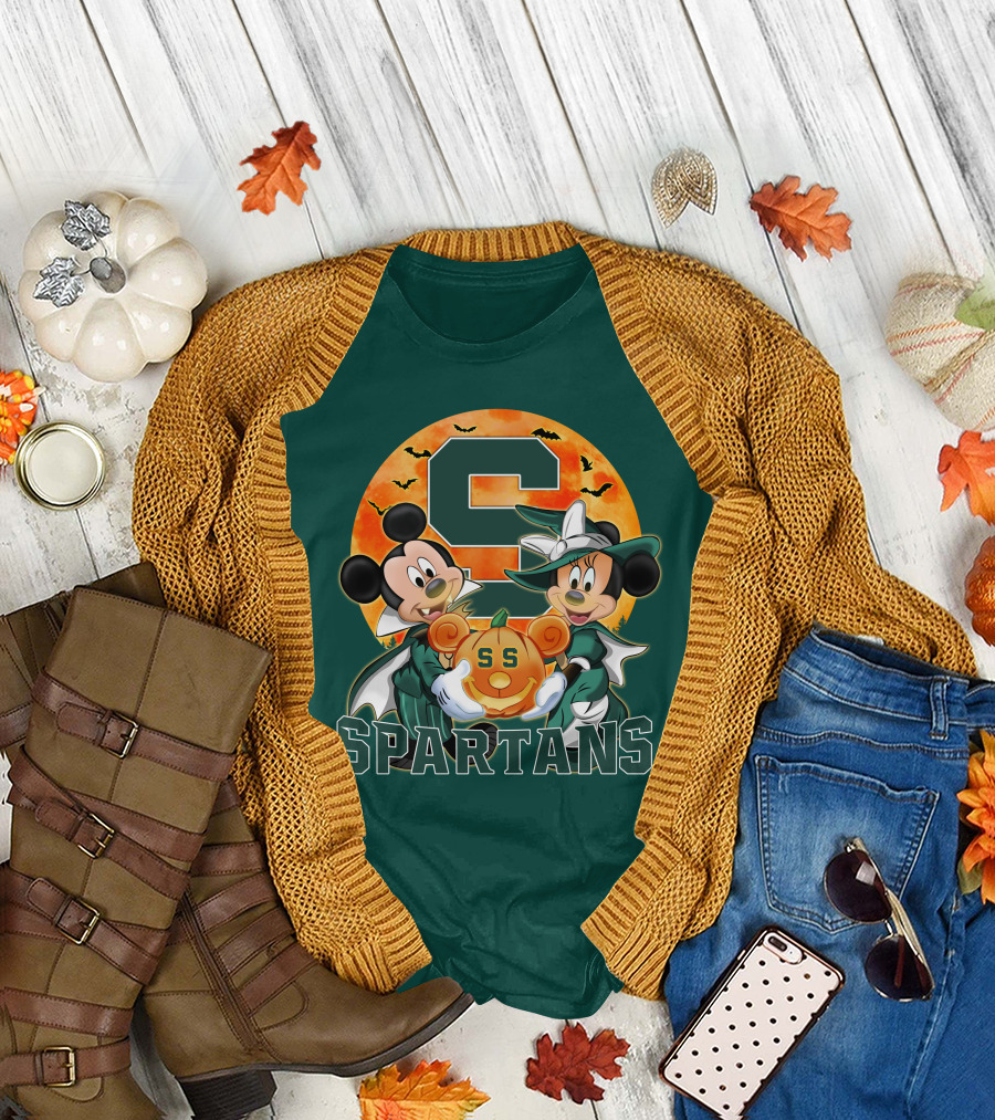 Michigan State Spartans Mickey Mouse Minnie Mouse Halloween Pumpkin Moon Bats T-Shirt