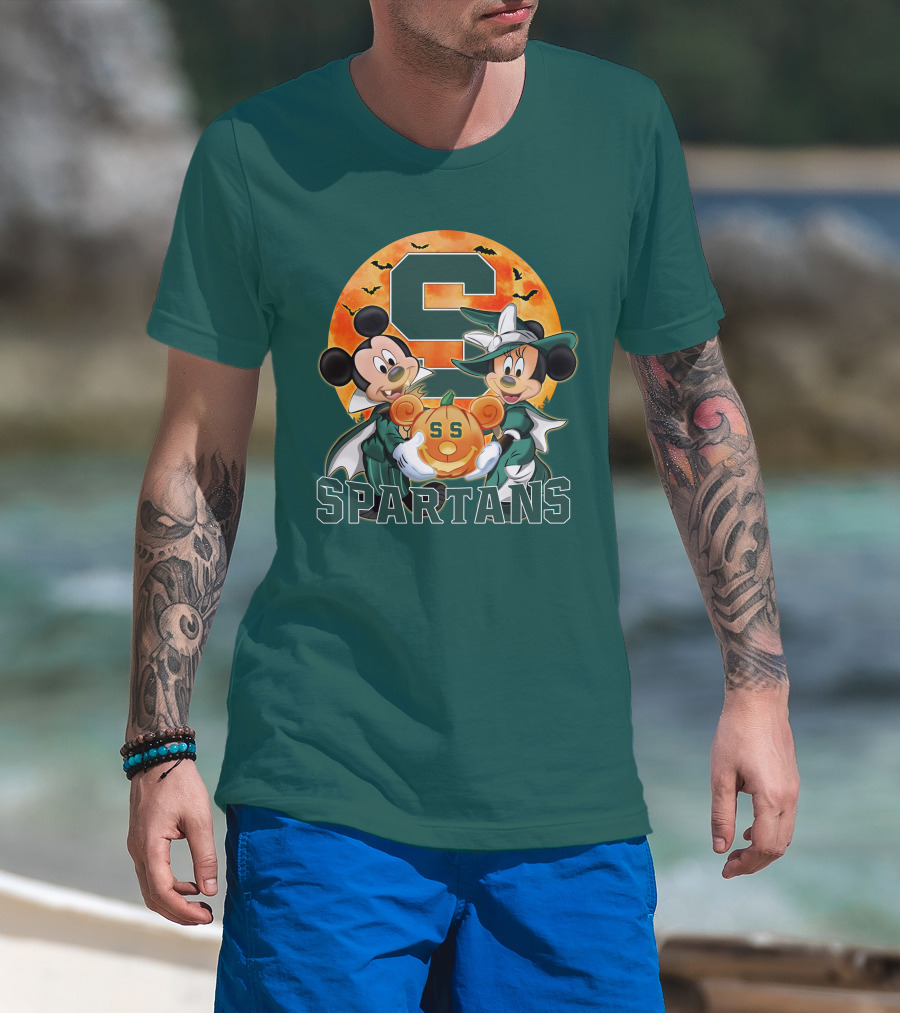 Michigan State Spartans Mickey Mouse Minnie Mouse Halloween Pumpkin Moon Bats T-Shirt
