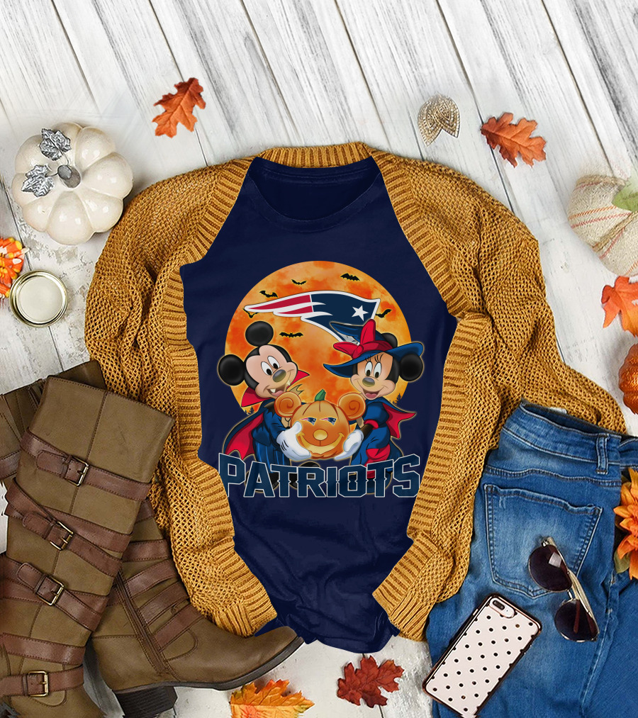 Patriots Halloween Mickey Mouse and Minnie Mouse with Pumpkin and New England Football T-Shirt