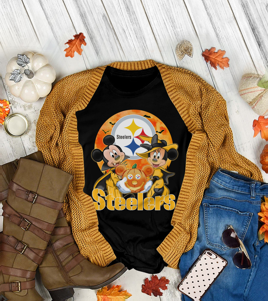 Steelers Mickey Mouse Minnie Mouse Halloween Pumpkin T-Shirt