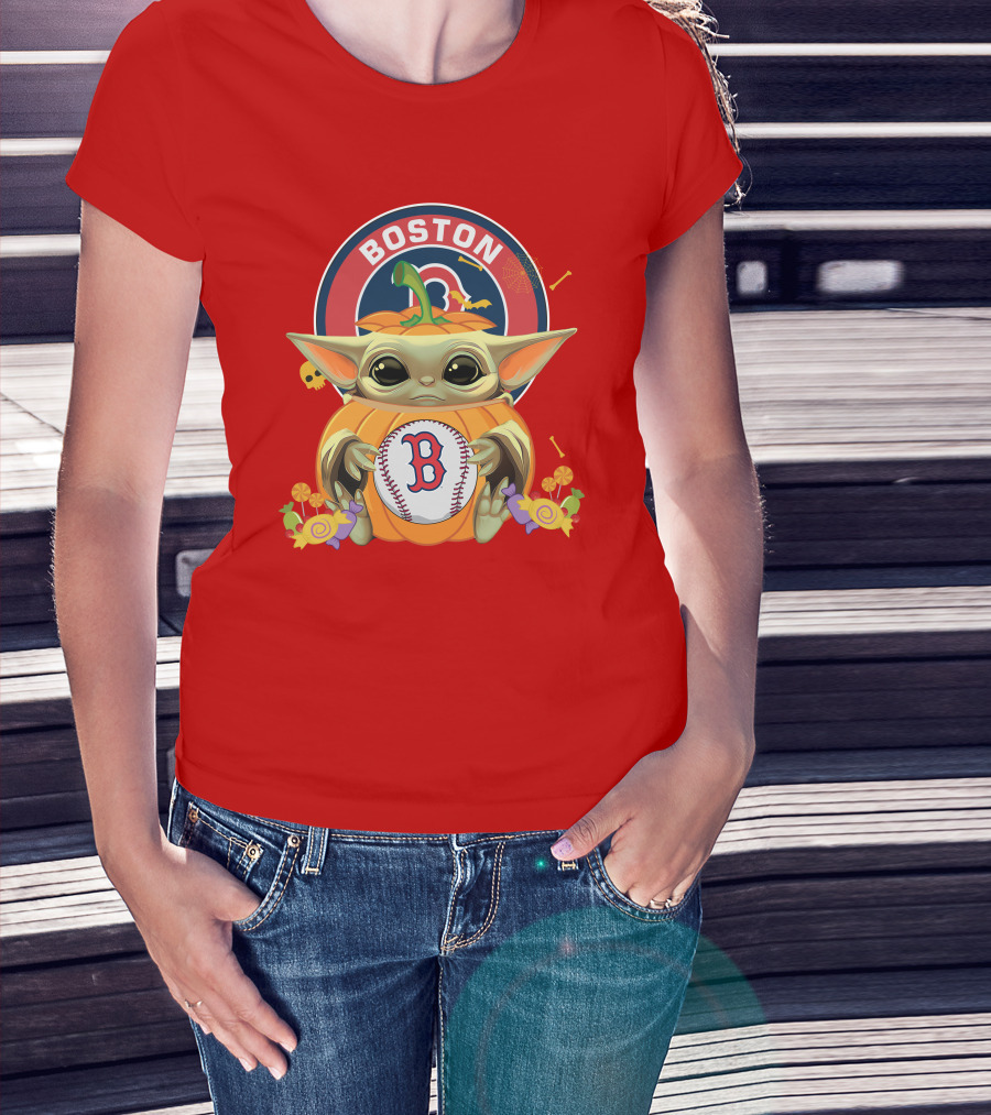 Boston Red Sox Halloween Baby Yoda Pumpkin Hug T-Shirt