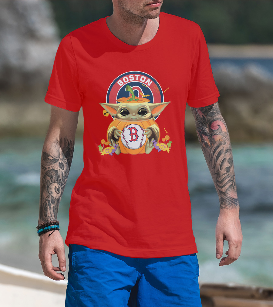 Boston Red Sox Halloween Baby Yoda Pumpkin Hug T-Shirt