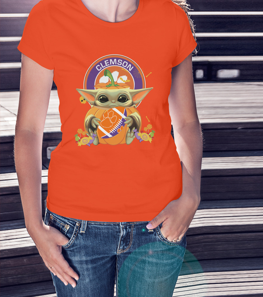 Halloween Pumpkin Baby Yoda Clemson Tigers Football T-Shirt