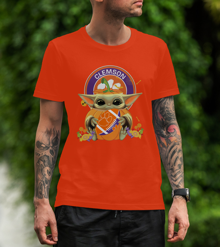 Halloween Pumpkin Baby Yoda Clemson Tigers Football T-Shirt